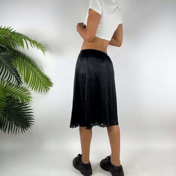 Vintage Vanity Fair 90s Grunge Black Whimsigoth Low Rise Midi Slip Skirt / Sm - Picture 2 of 5
